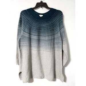 J. Jill Womens 2X Ombre Teal Gray Textured Yoke Tunic Knit Sweater Relaxed Fit